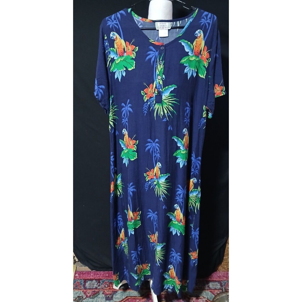 Desert Shores Short Sleeve Dark Blue Dress with Parrots Large